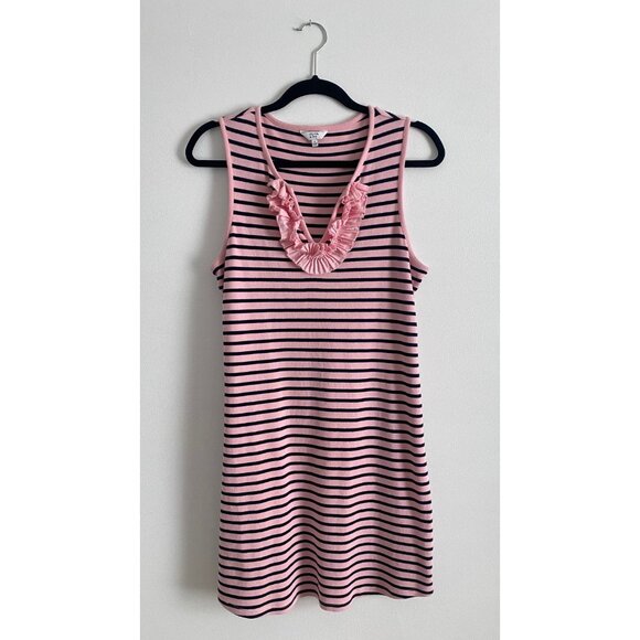 crown & ivy Dresses & Skirts - Crown & Ivy Pink & Navy Striped Sleeveless Dress With Ruffle Neckline S